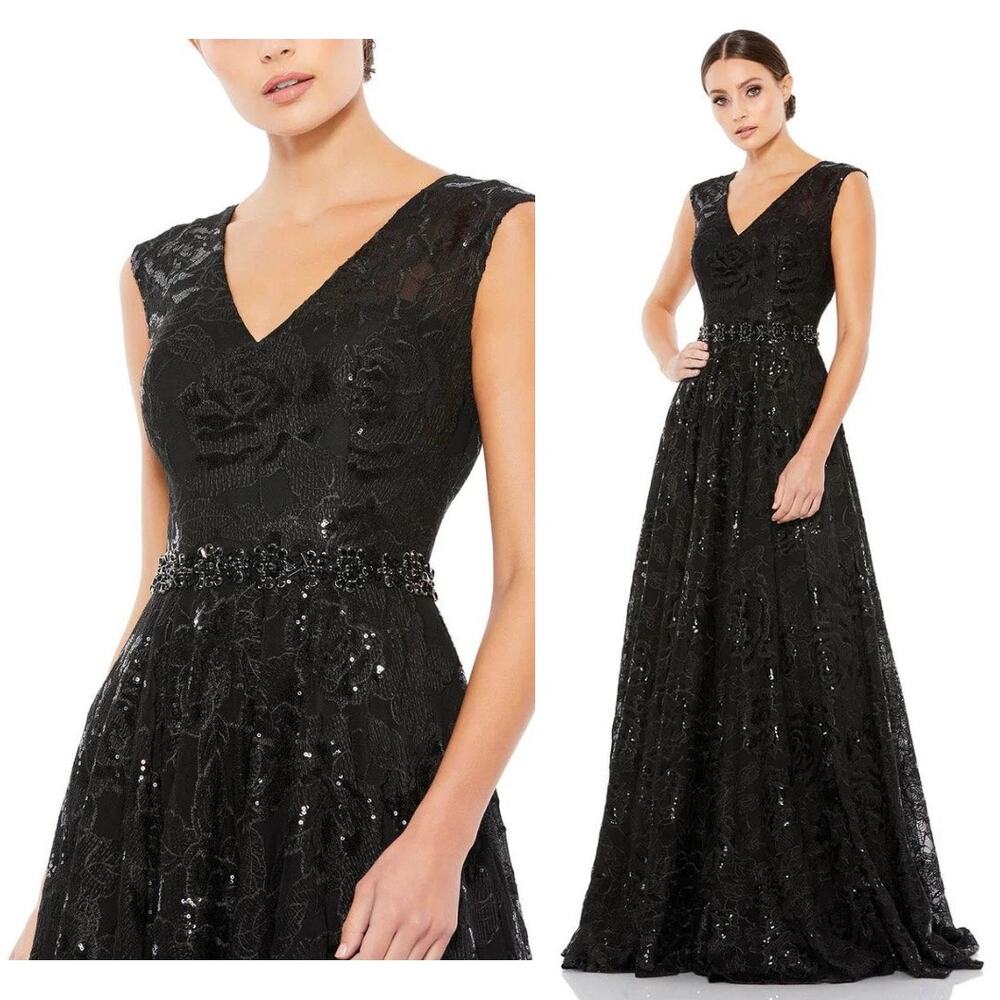 Mac Duggal 12413 Embroidered Cap Sleeve A Line Floral Dress 8 Black NEW $698